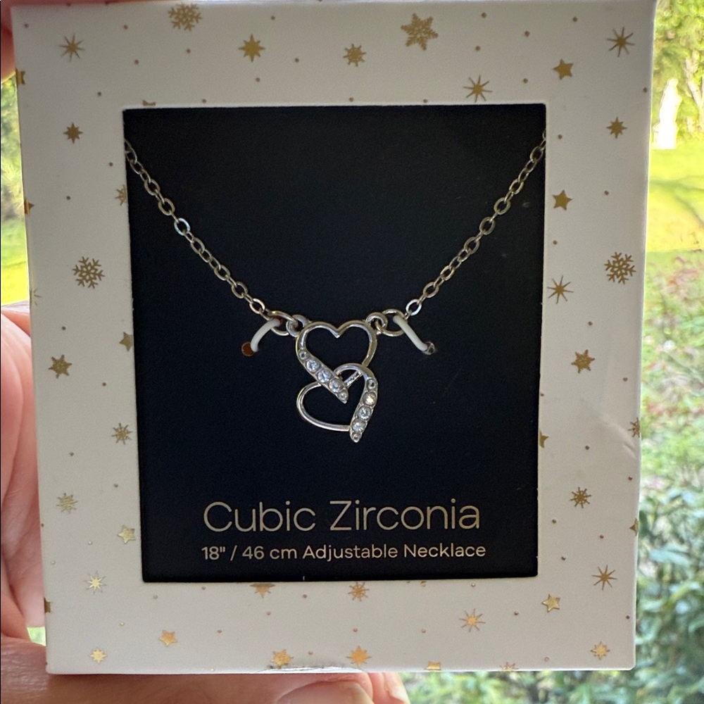 New in Box Cubic Zirconia Double Heart 18” Necklace in Silver